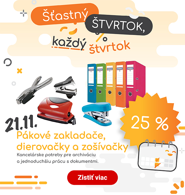 Šťastný štvrtok 21.11.2024 v predajniach FaxCOPY - zľava 25 % na pákové zakladače, dierovačky a zošívačky