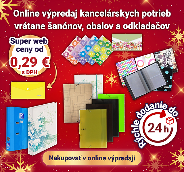 Online výpredaj na kancelárske potreby vrátane šanónov, obalov a odkladačov