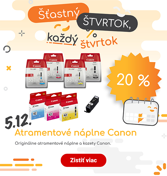 ZĽAVA 20 % na atramentové náplne Canon